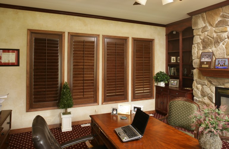 Wooden plantation shutters in a Virginia Beach home office